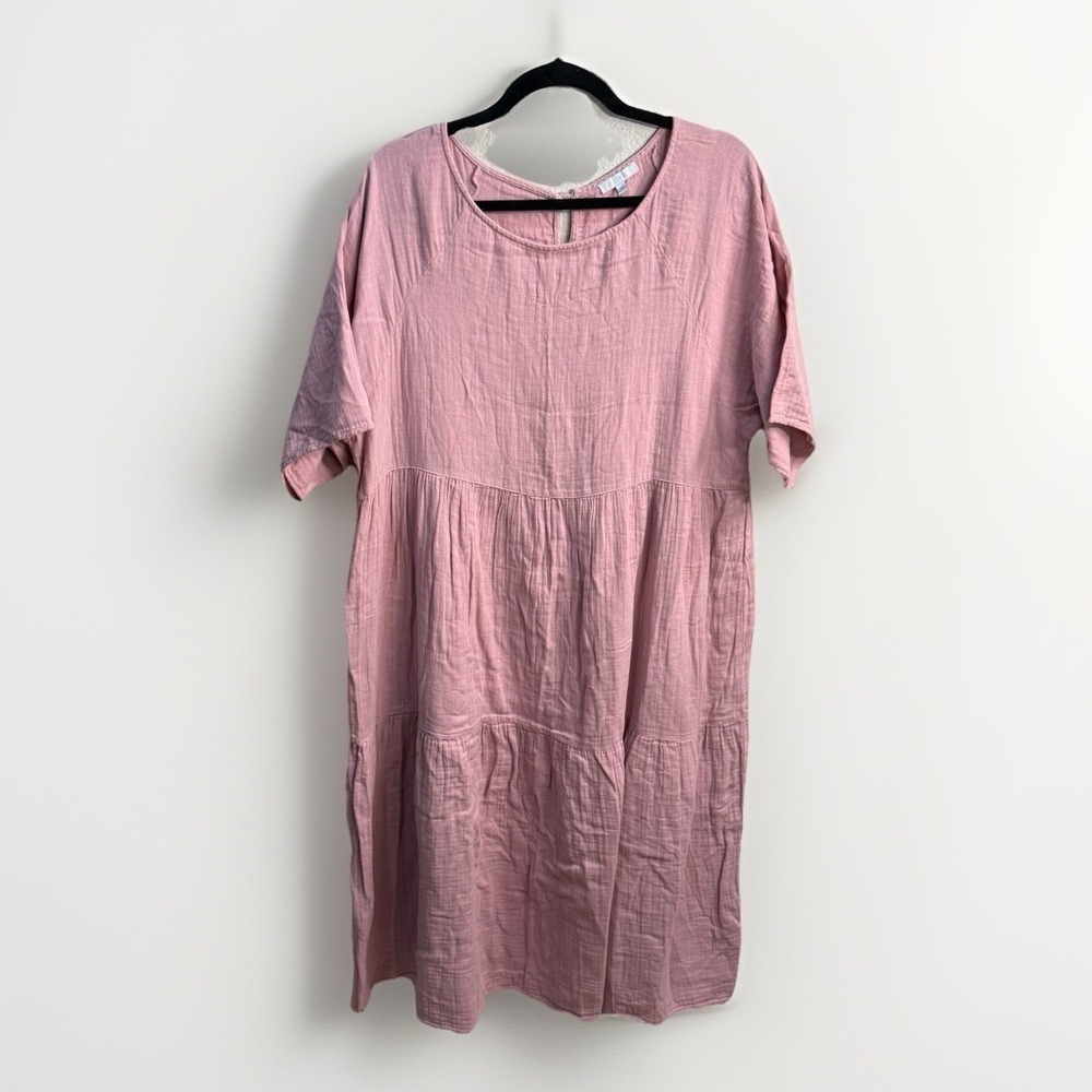 Johnny Was CALME Cottagecore Boho Raglan Tiered Gauze Pink Dress Beach Resort XL